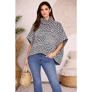 Y2K Boho Whimsigoth Poncho Cape Fever Knit Black White Geometric Mock Neck S M